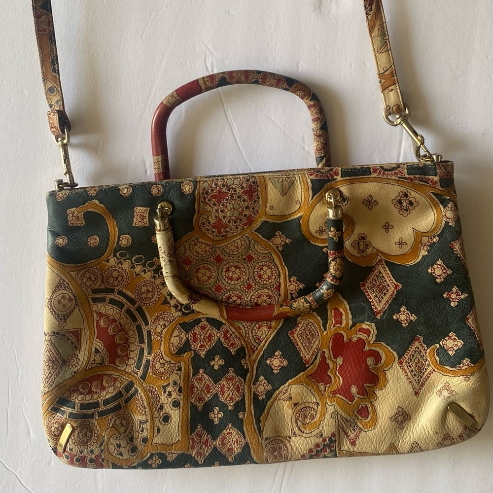 Vintage Italian leather Paisley Shoulder Bag in Green, Red and Gold
